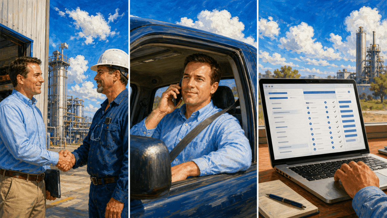Three-panel illustration of a plant handshake, a rep speaking into a phone in a truck, and CRM fields completing on a laptop