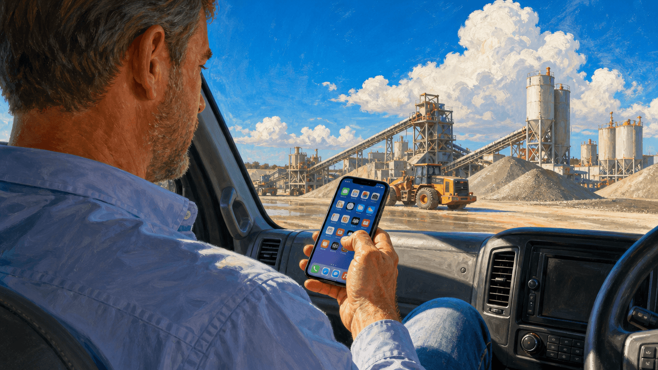 A close view over an industrial field rep's shoulder as he holds his phone in a truck cab, home screen crowded with app icons, thumb hovering, plant visible through the windscreen