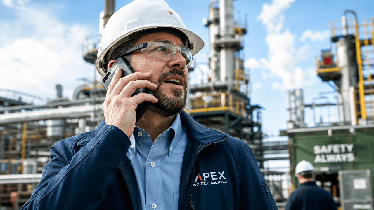 A field sales rep in a high-visibility vest standing beside his truck outside an industrial plant, speaking into a phone held close to his mouth, machinery and stacked pallets behind him